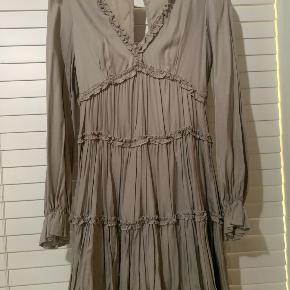 Women's Taupe Ruffle Tiered Long Sleeve Dress